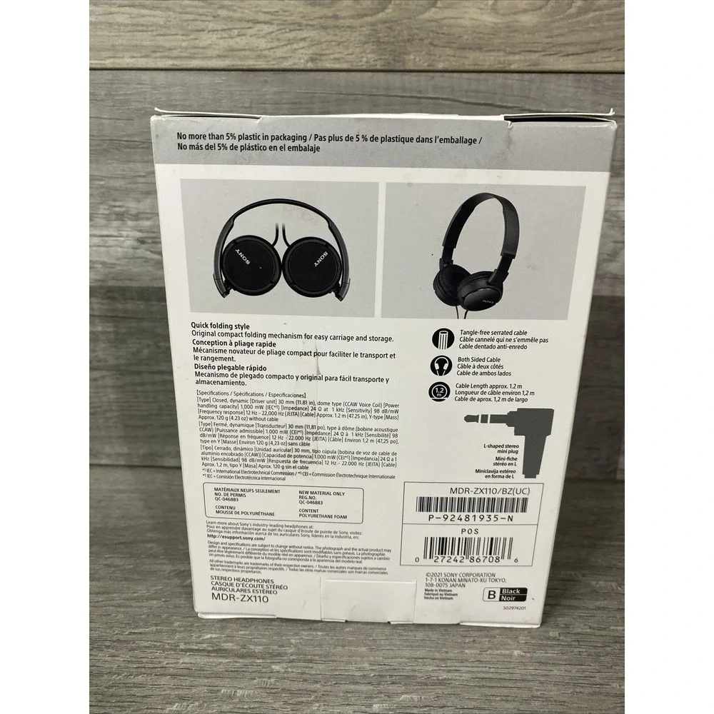 Sony‎ MDR-ZX110 Wired On-Ear Headphones Black Foldable MDRZX110/BZ(UC) NEW